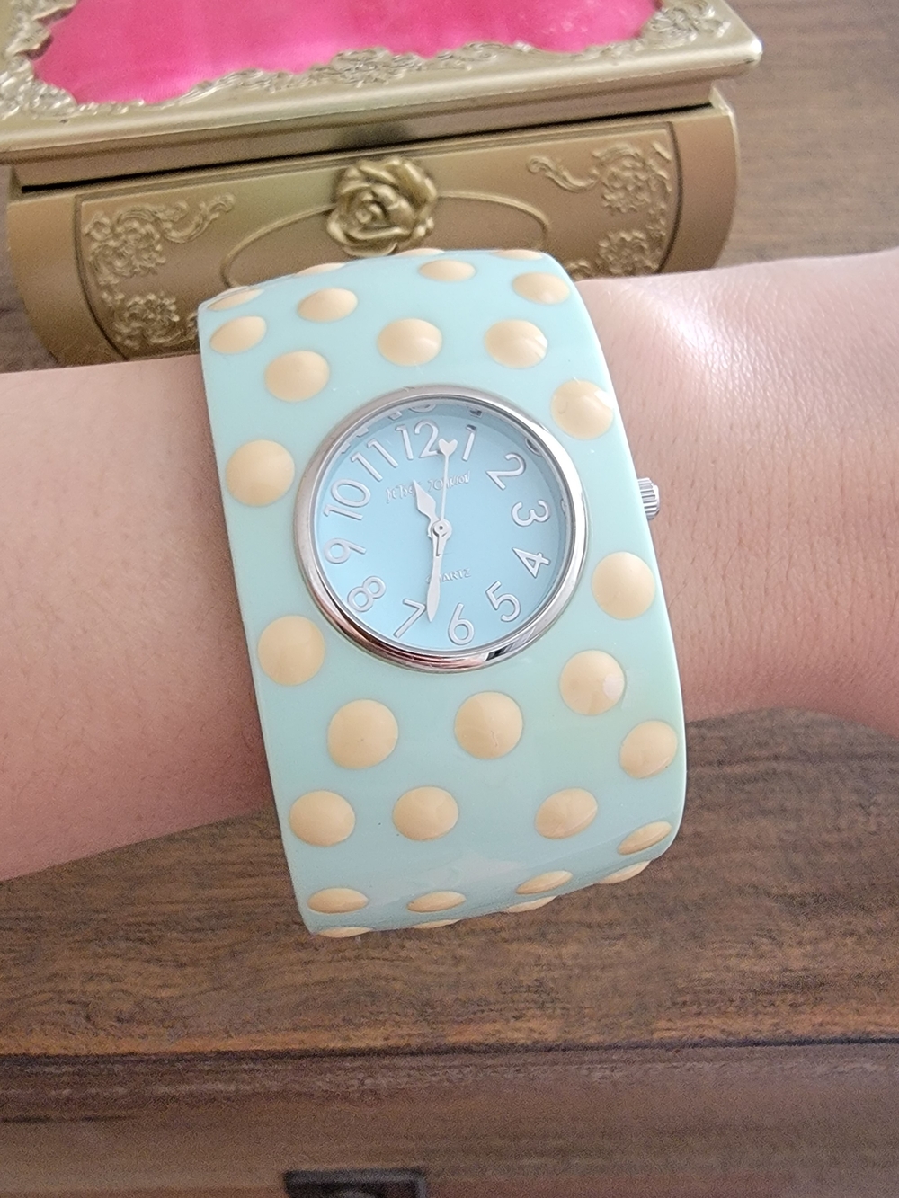Betsey Johnson Mint Green Polka Dot Bangle Watch with Gold Dots - Picture 3 of 5